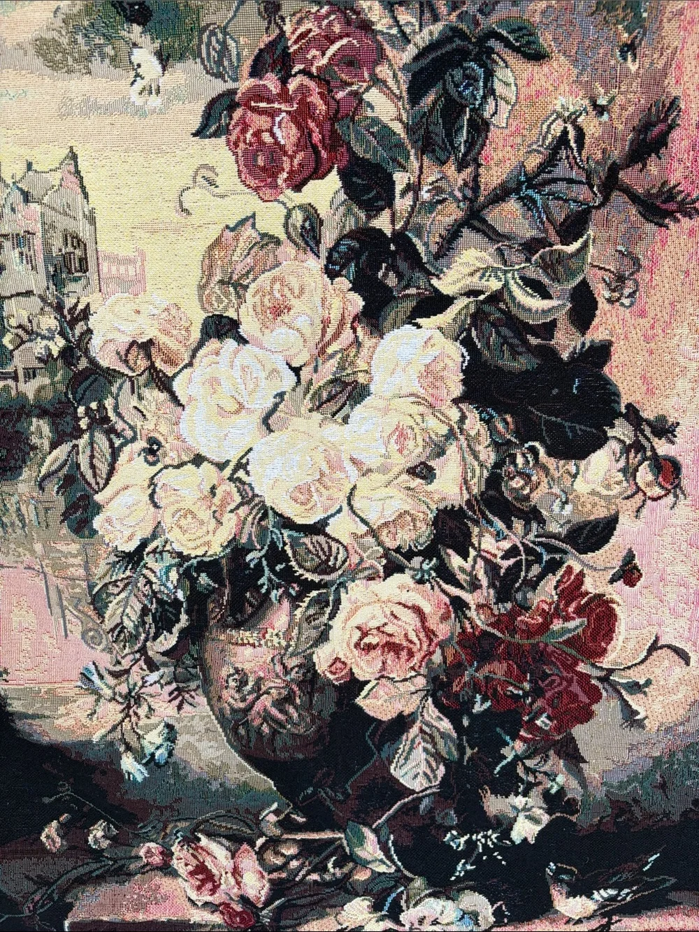 Vintage John Wainwright Bouquet & Sparrow Woven Floral Wall Tapestry 27x36